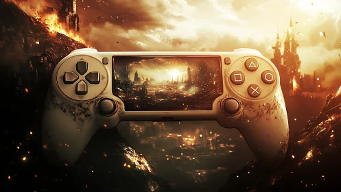 Cinematic fantasy gamepad with apocalyptic landscape display.