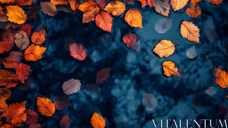 Autumn leaves float on dark reflective water with strong color contrast