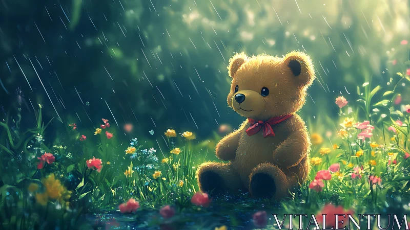 Teddy bear sitting in a rainy flower meadow, softly lit.