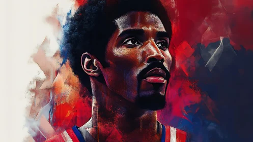 Basketball player portrait rendered in bold digital colors.