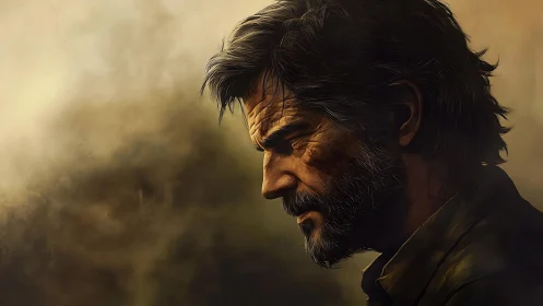 Side profile of older bearded man in subdued lighting.