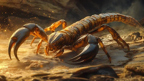 Firelit sand scorpion prowls through a molten dusk glow