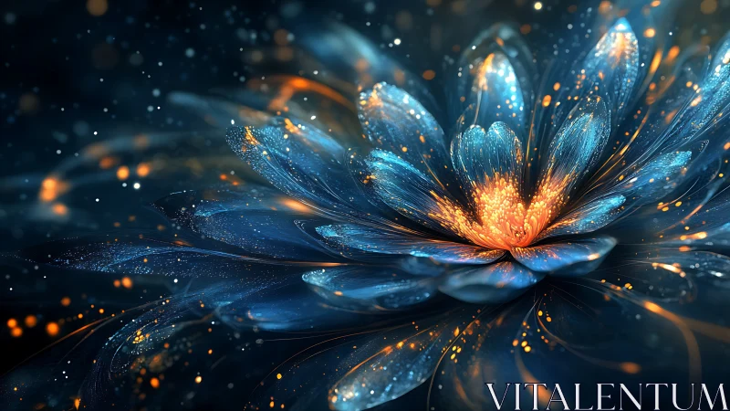 Glowing blue digital flower with bright orange center.