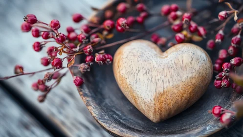 Wooden Heart with Red Berries on Dark Surface.