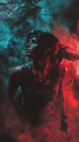 Battle-scarred explorer rises through crimson stormlight.