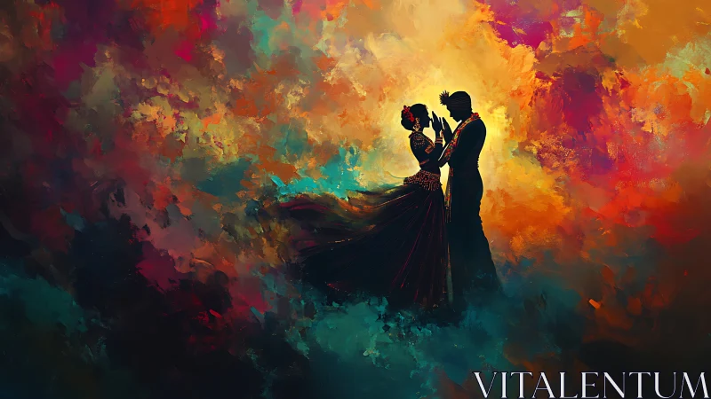 Silhouetted Couple Embracing Within Chromatic Abstraction.