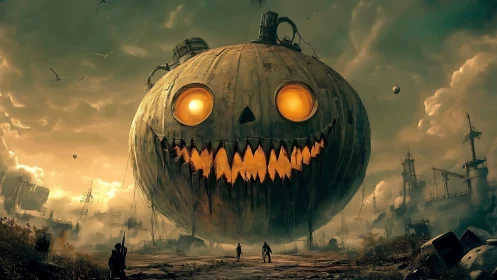 Gigantic rusted pumpkin airship dominates desolate industrial wasteland
