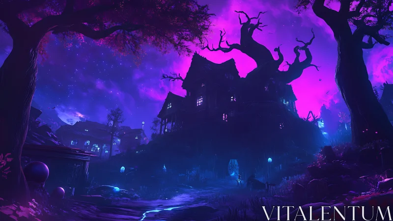 Moonlit witch house beneath a glowing violet sky.