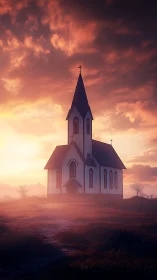 Sunlit country church stands in glowing misty sunset field