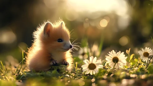 Baby fox sits among daisies in backlit grassy field