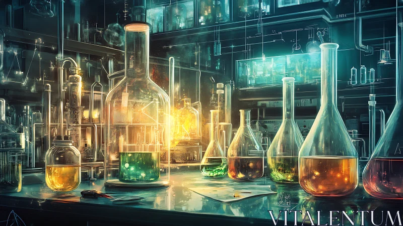 Glass-bottled starlight brews alchemical science in neon haze