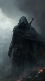 Shadowed wanderer steps calmly through storm and fading embers