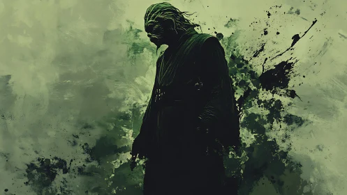 Emerald shadow warrior dissolves into storm-splattered dusk.