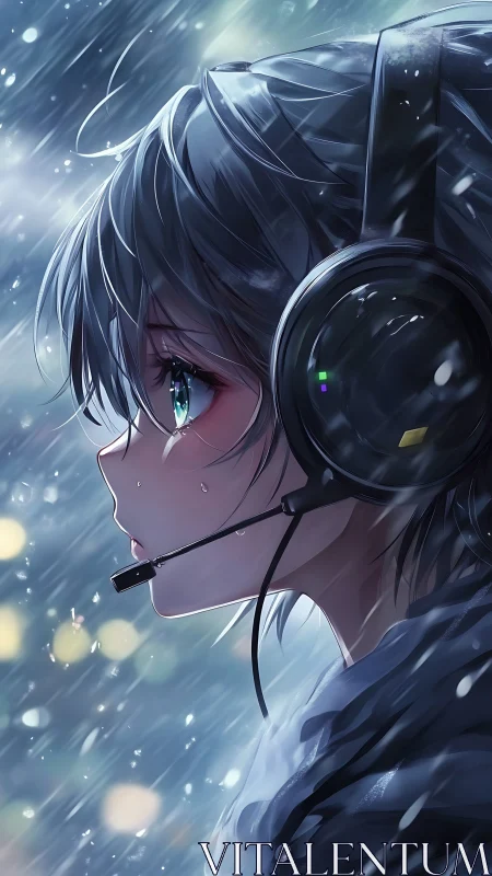 Anime girl with headset standing in dramatic rainstorm.