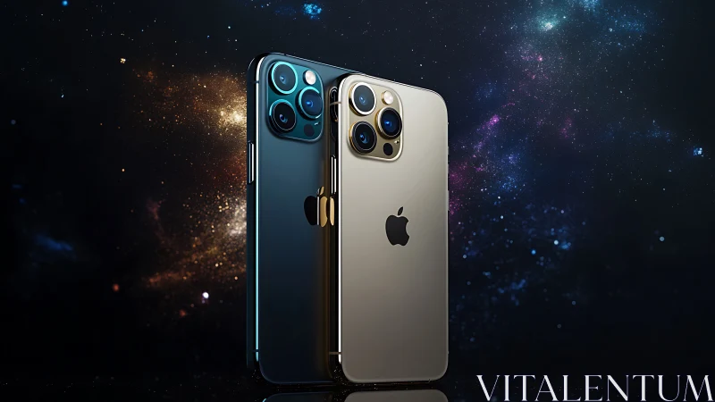 Twin iPhones pose like star-flecked mirrors in quiet orbit