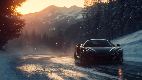 Midnight supercar slices through a molten winter sunrise road