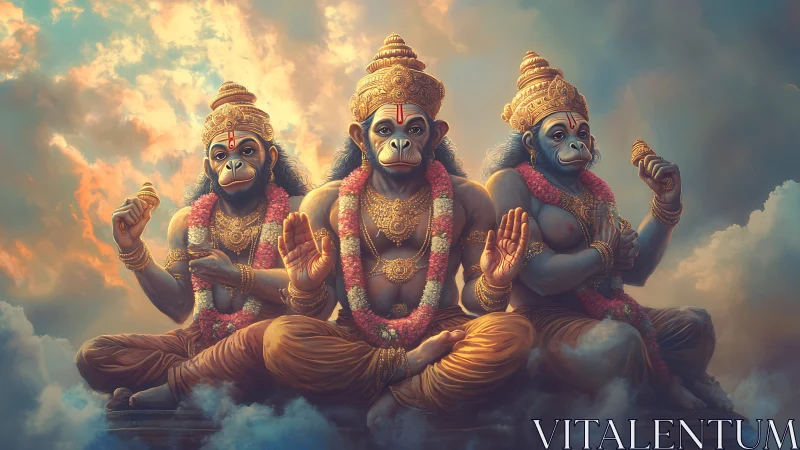 Radiant monkey deities resting in soft glowing clouds.