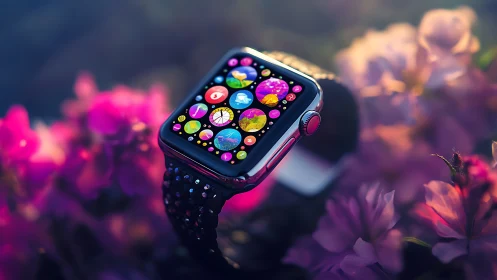 Smartwatch with colorful app grid rests among pink flowers