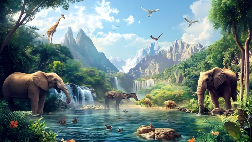 Wild symphony gathers at a crystal river beneath peaks