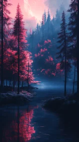 Crimson Trees Whisper at the Mirror Lake's Twilight