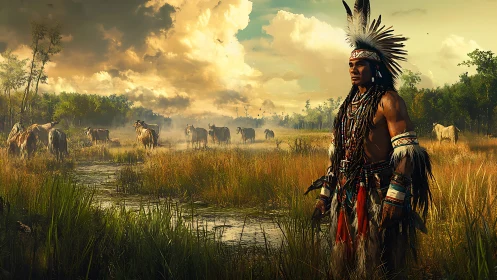 Plains warrior watches grazing horses beneath storm-lit skies.
