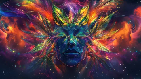 Celestial dreamer crowned in radiant cosmic feathers.