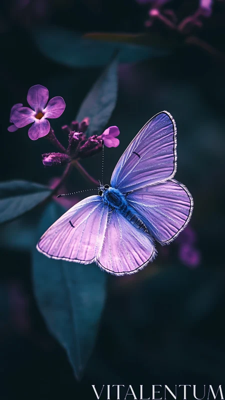 Photorealistic macro of violet butterfly on dark foliage.