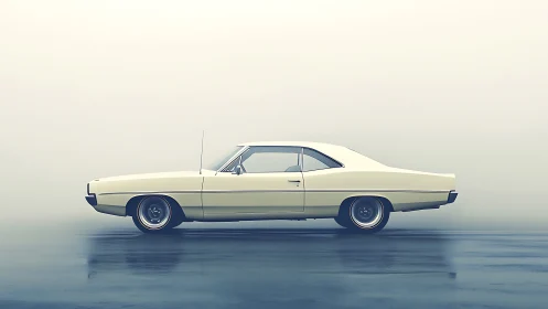 Side-profile analysis of low-slung vintage coupe on wet plane.