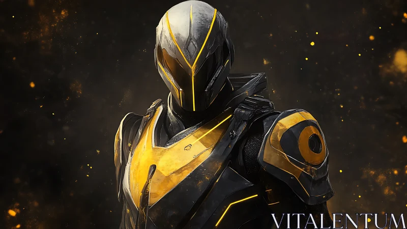 Futuristic armored soldier in black and yellow combat suit.