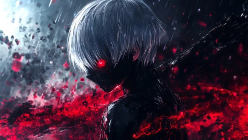 Pale‑haired anime entity with red ocular glow in erupting void