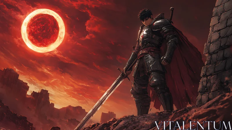 Armored swordsman silhouetted against eclipsed blood-red sun