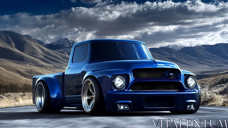 Midnight cobalt custom truck prowling stormlit mountain roads.