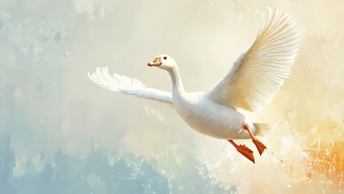 White Goose Flying Against Gradient Sky.