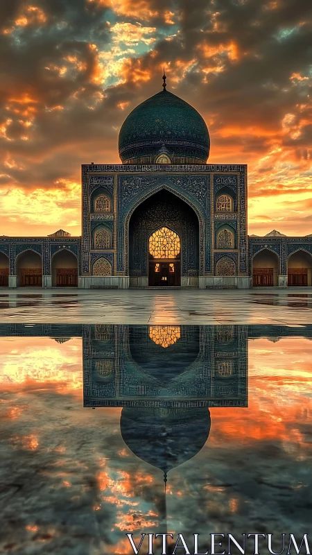 Sunset mosque dome mirrored in glowing courtyard pool.
