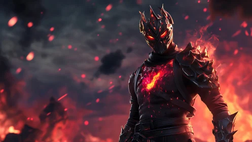 Digital painting of infernal armored warrior in burning battleground.