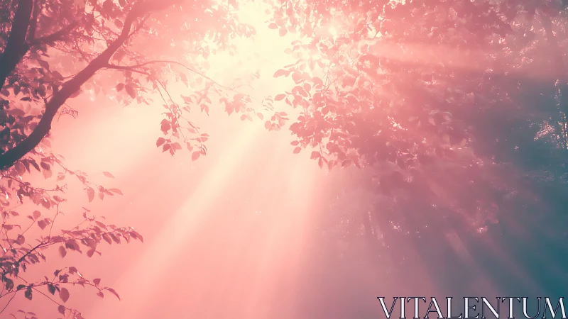 Soft sunrise rays drift gently through leafy forest branches