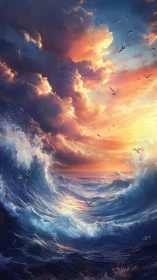 Turbulent ocean waves beneath dense sunset cloud bank.