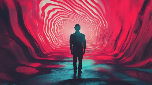 Silhouette stands before luminous red tunnel of swirling light