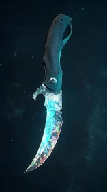 Iridescent karambit folding knife with textured black handle