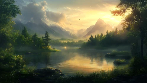 Sunrise drapes a quiet mountain lake in shimmering silence