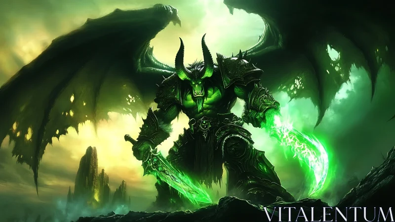 Demonic warrior with fel blades dominates toxic green sky