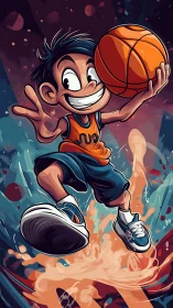 Cartoon kid jumps high holding basketball in bold colors.
