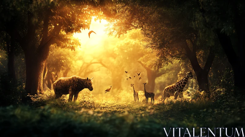 Golden backlit savanna wildlife in misty forest clearing.