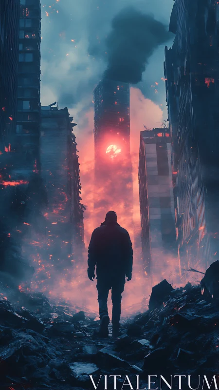 Lone wanderer crossing ember-choked cyberpunk ruins.