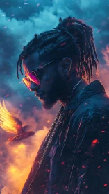 Radiant portrait glows as a quiet figure meets a fiery bird