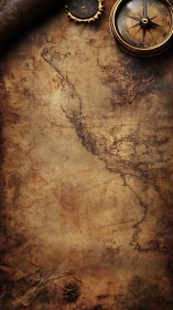 Weathered pirate map and brass compass of forgotten shores.