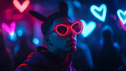 Neon-bathed club portrait with luminous heart bokeh optics.