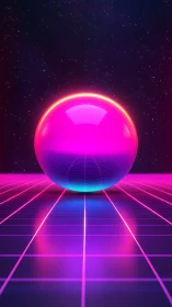 Neon holo sphere hovering over retro-futurist gridscape.