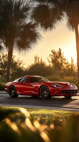 Aerodynamic red supercar under palm-framed sunset illumination.