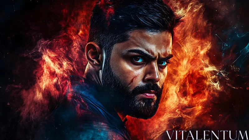 Intense bearded man in fiery blue and red digital portrait.